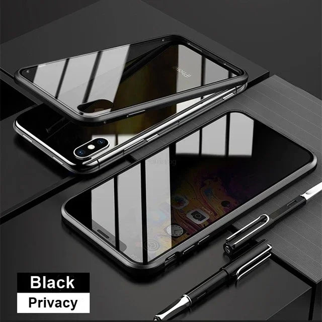 Magnetic tempered glass privacy metal case for iPhone 16 15 14 13 12 XR 11 pro Max 7 8 plus 360 magnet antispy protective cover