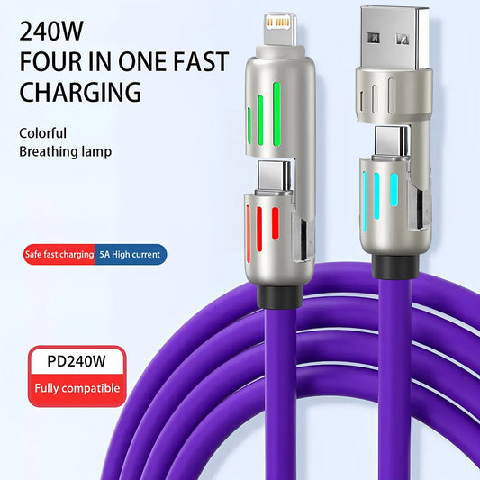 4 in 1 Functional 240W Super Fast Charge USB Type C Liquid Silicone Aluminum Alloy Data Cable For iPhone Huawei Samsung Xiaomi