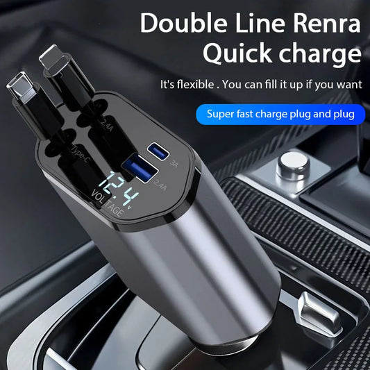 4-in-1 120W Retractable Car Charger – USB Type-C Fast Charging Cable & Cigarette Lighter Adapter for iPhone, Samsung, Xiaomi, Huawei