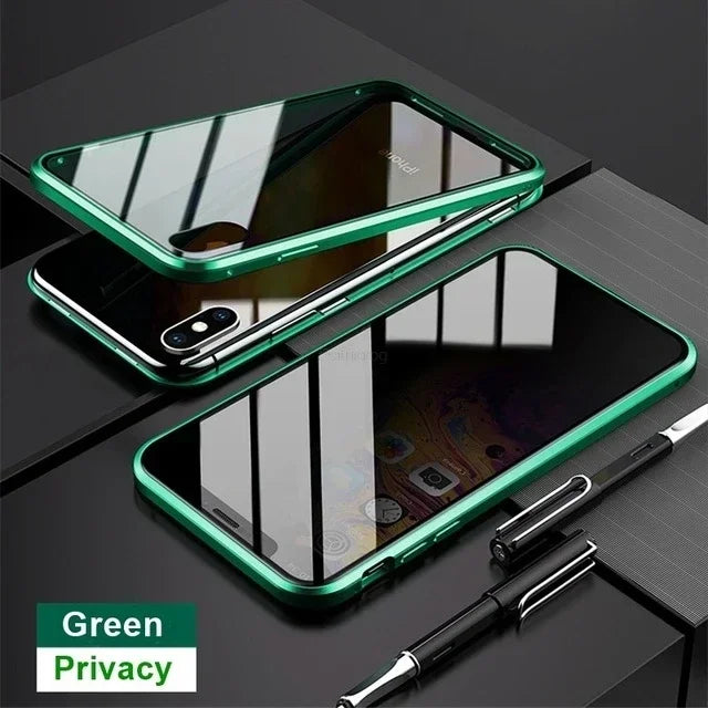 Magnetic tempered glass privacy metal case for iPhone 16 15 14 13 12 XR 11 pro Max 7 8 plus 360 magnet antispy protective cover