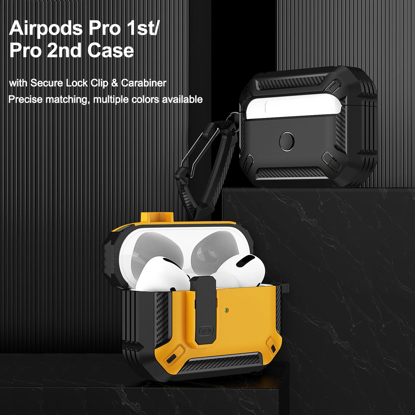 Carbon Fiber AirPods Pro Case – Shockproof Protective Cover with Carabiner & Security Lock | Fits AirPods Pro / Pro 2