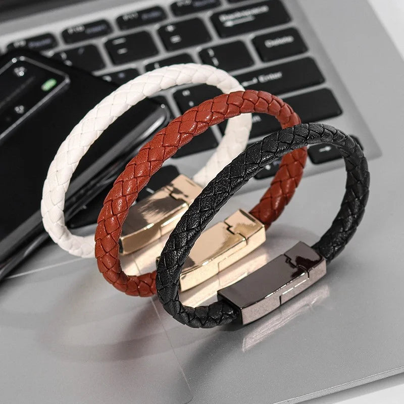 Leather Bracelet Charger – USB Charging Cable & Data Transfer Cord | Braided Portable Cable for iPhone, Samsung, Huawei, Xiaomi