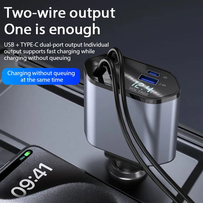 4-in-1 120W Retractable Car Charger – USB Type-C Fast Charging Cable & Cigarette Lighter Adapter for iPhone, Samsung, Xiaomi, Huawei