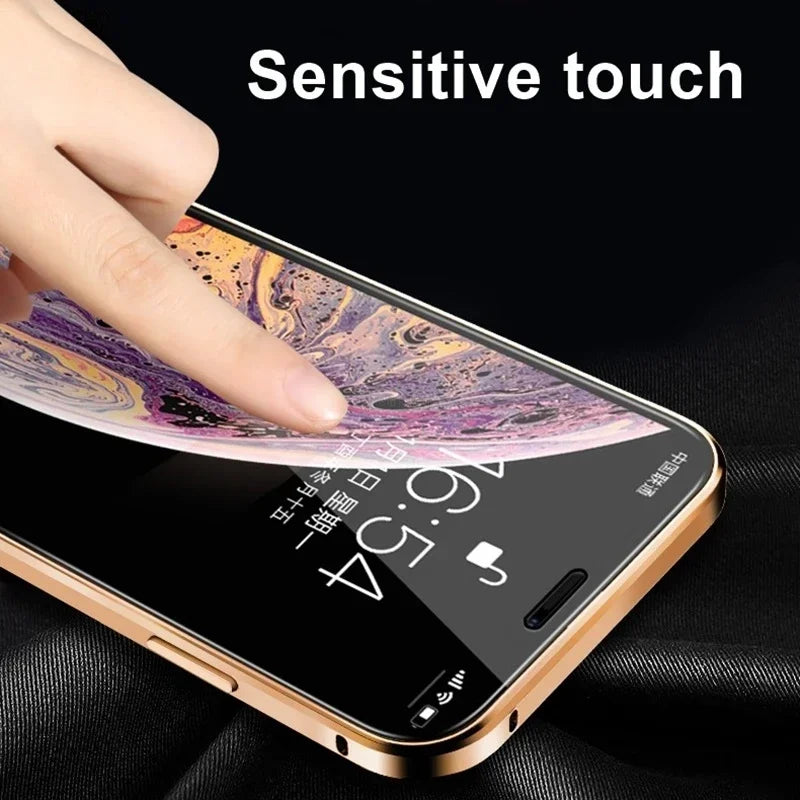 Magnetic tempered glass privacy metal case for iPhone 16 15 14 13 12 XR 11 pro Max 7 8 plus 360 magnet antispy protective cover