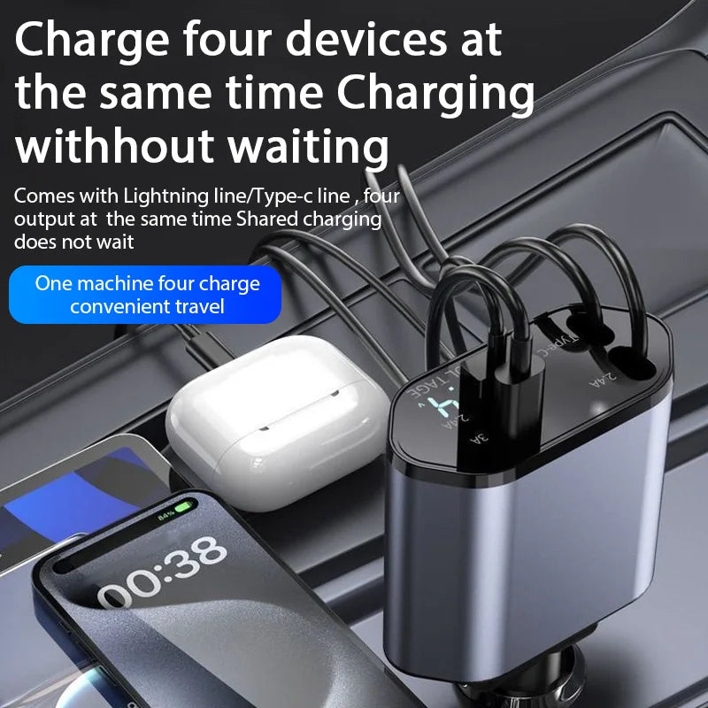 4-in-1 120W Retractable Car Charger – USB Type-C Fast Charging Cable & Cigarette Lighter Adapter for iPhone, Samsung, Xiaomi, Huawei