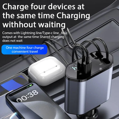 4-in-1 120W Retractable Car Charger – USB Type-C Fast Charging Cable & Cigarette Lighter Adapter for iPhone, Samsung, Xiaomi, Huawei