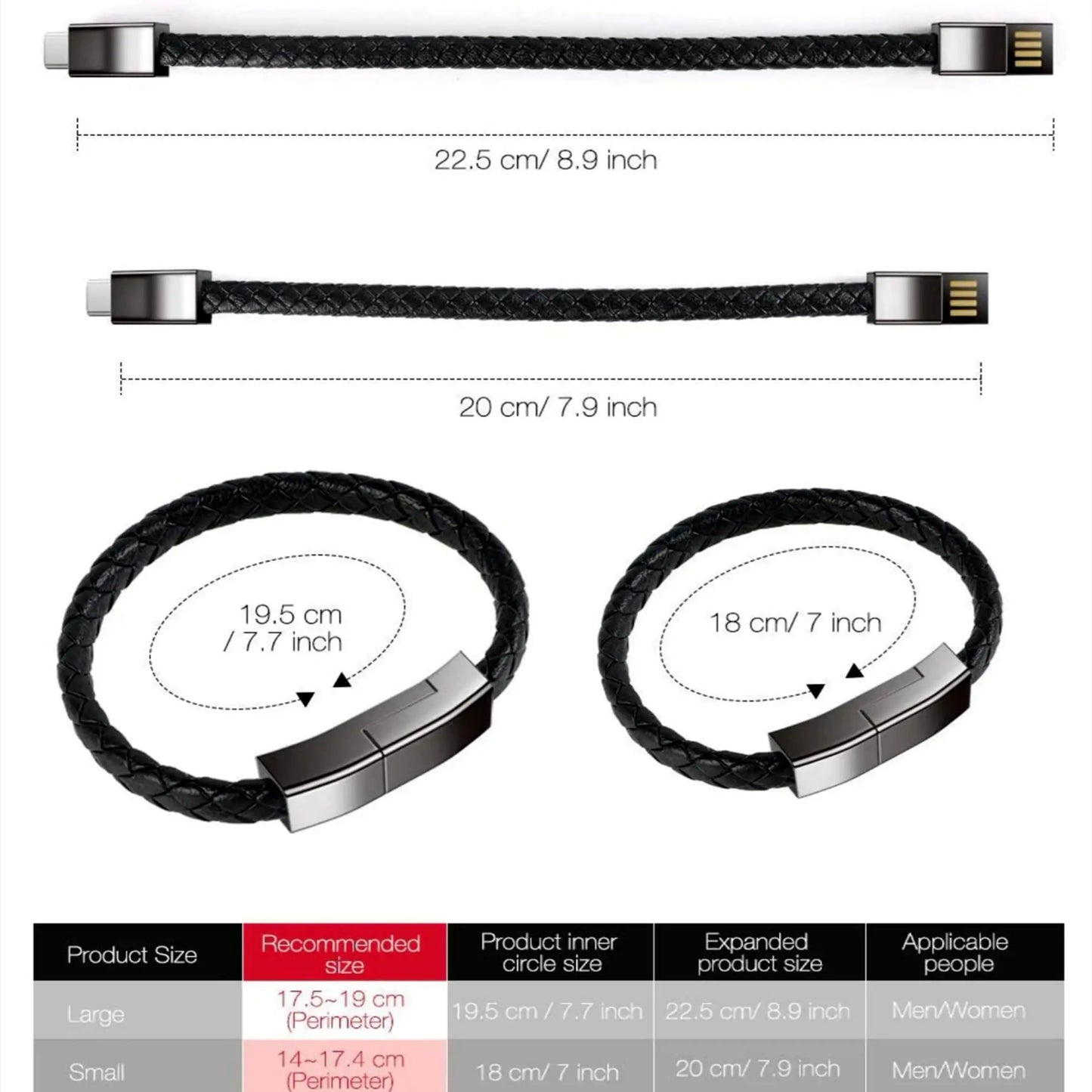 Leather Bracelet Charger – USB Charging Cable & Data Transfer Cord | Braided Portable Cable for iPhone, Samsung, Huawei, Xiaomi