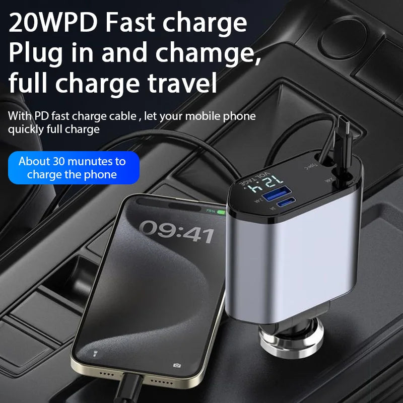 4-in-1 120W Retractable Car Charger – USB Type-C Fast Charging Cable & Cigarette Lighter Adapter for iPhone, Samsung, Xiaomi, Huawei