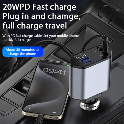 4-in-1 120W Retractable Car Charger – USB Type-C Fast Charging Cable & Cigarette Lighter Adapter for iPhone, Samsung, Xiaomi, Huawei