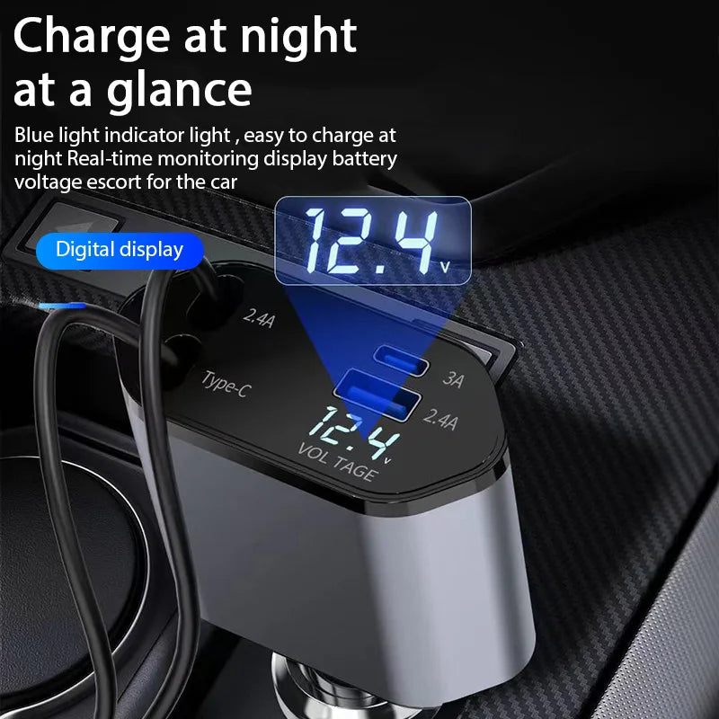 4-in-1 120W Retractable Car Charger – USB Type-C Fast Charging Cable & Cigarette Lighter Adapter for iPhone, Samsung, Xiaomi, Huawei