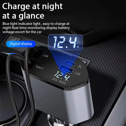4-in-1 120W Retractable Car Charger – USB Type-C Fast Charging Cable & Cigarette Lighter Adapter for iPhone, Samsung, Xiaomi, Huawei