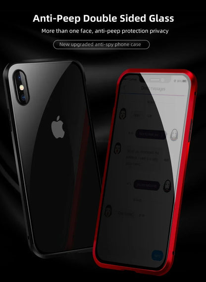 Magnetic tempered glass privacy metal case for iPhone 16 15 14 13 12 XR 11 pro Max 7 8 plus 360 magnet antispy protective cover