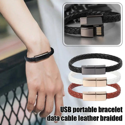 Leather Bracelet Charger – USB Charging Cable & Data Transfer Cord | Braided Portable Cable for iPhone, Samsung, Huawei, Xiaomi
