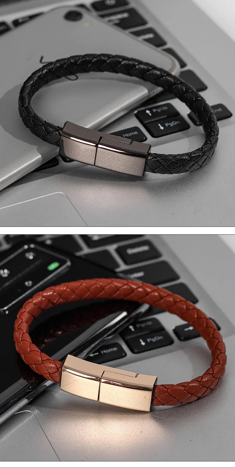 Leather Bracelet Charger – USB Charging Cable & Data Transfer Cord | Braided Portable Cable for iPhone, Samsung, Huawei, Xiaomi